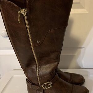 G by Guess womens sz 9M Dark Brown tall riding faux leather buckle zip Boots